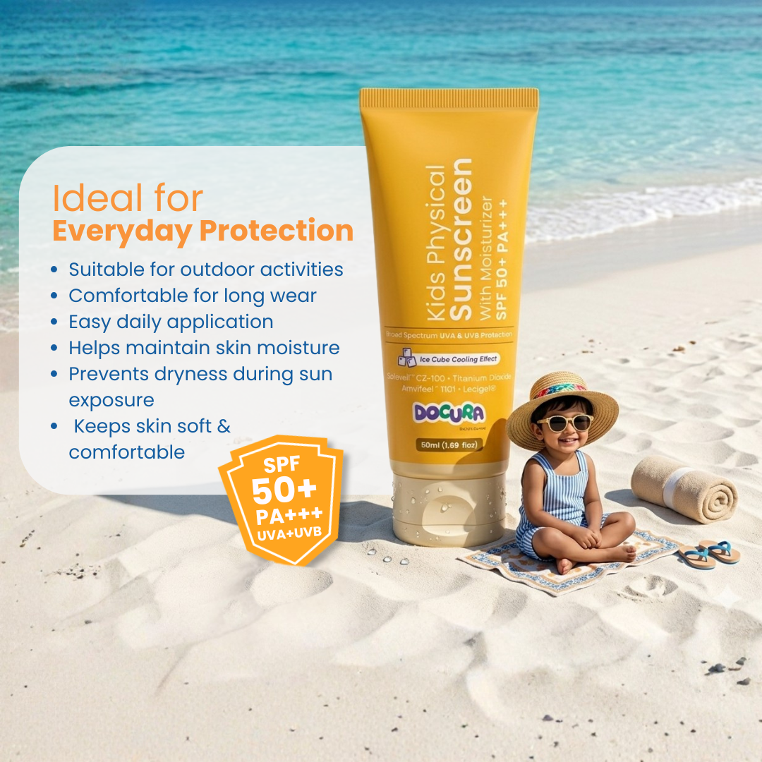 Sunscreen tube on a beach with a child, text about product benefits, and Docura branding.