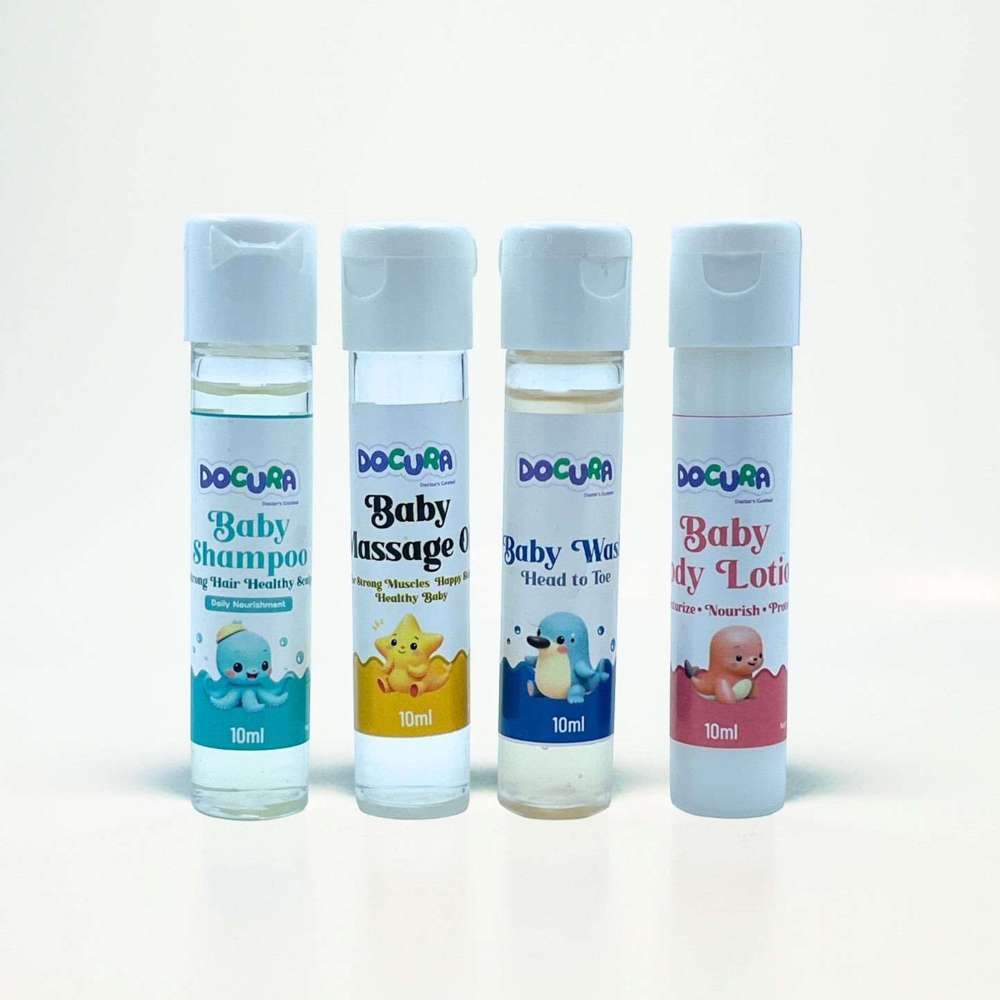 Four small bottles of Docura baby products