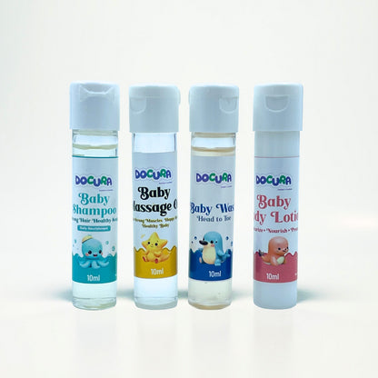 Four small bottles of Docura baby products