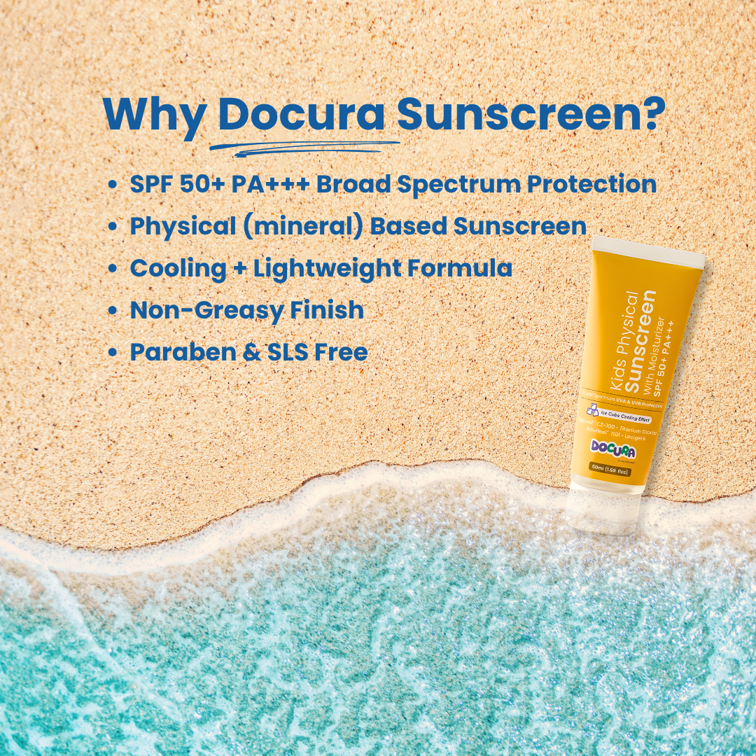 Docura Sunscreen tube with beach and ocean background