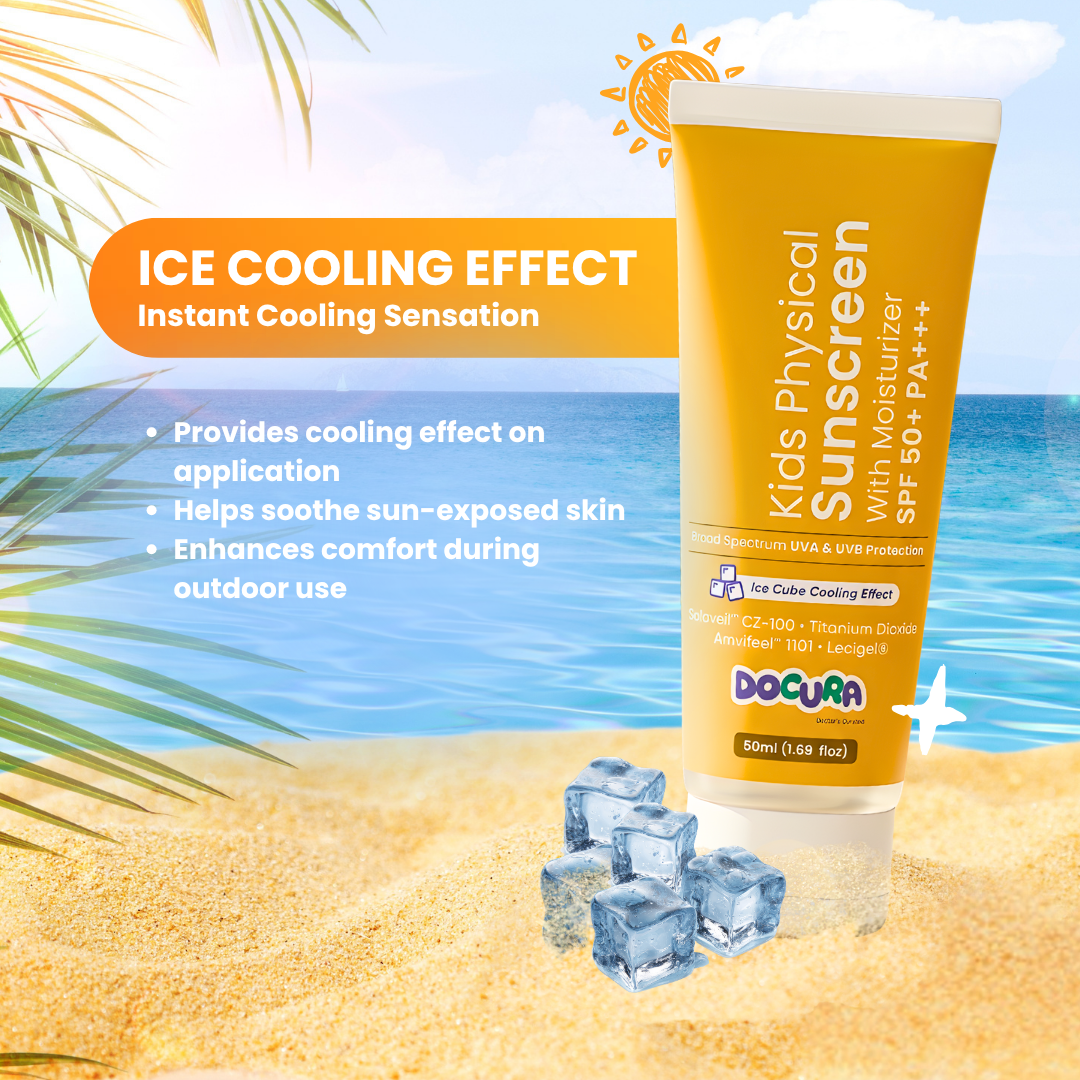 Docura kids physical sunscreen tube with ice cubes on a beach background