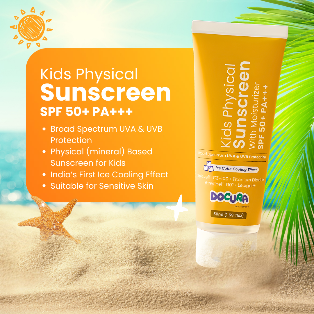 Docura Kids Physical Sunscreen SPF 50+ PA+++ on a beach background with product details.