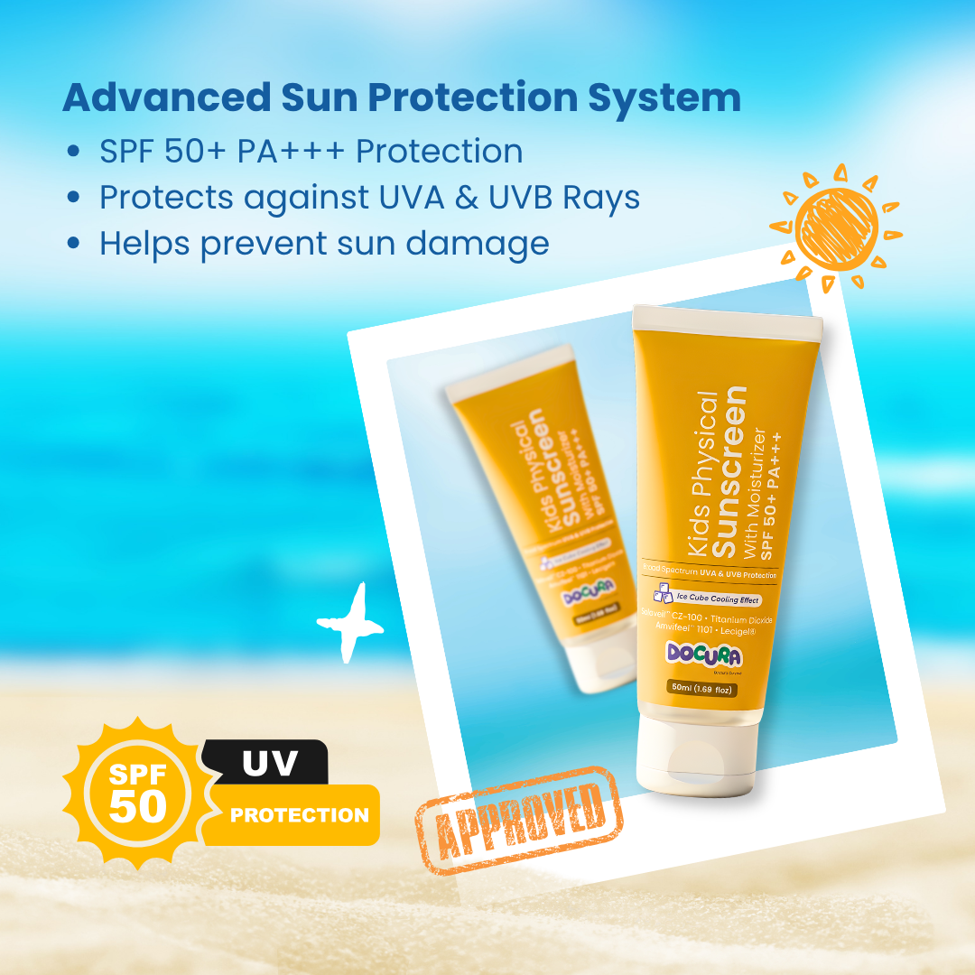 Two bottles of Docura Kids Physical Sunscreen with beach and sun background